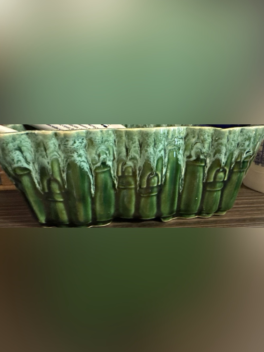 Green Glazed Ceramic Planter with Drip Texture